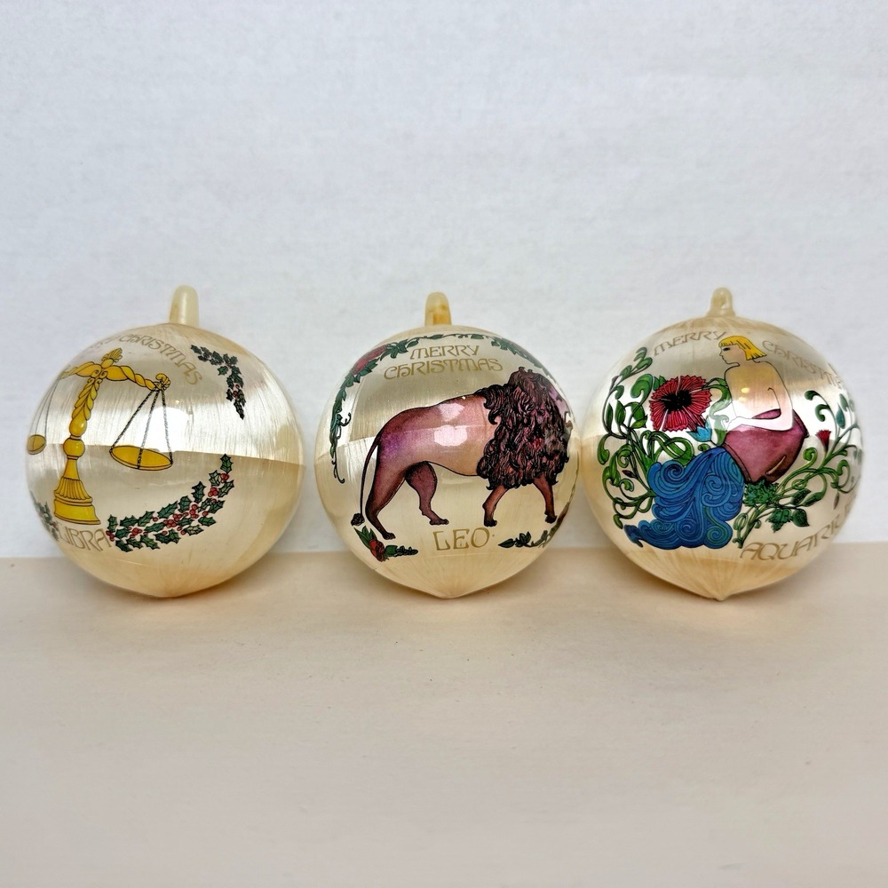 Vintage 3 Bradford Zodiac Christmas Ornament Satin Ornaments Libra Leo Aquarius